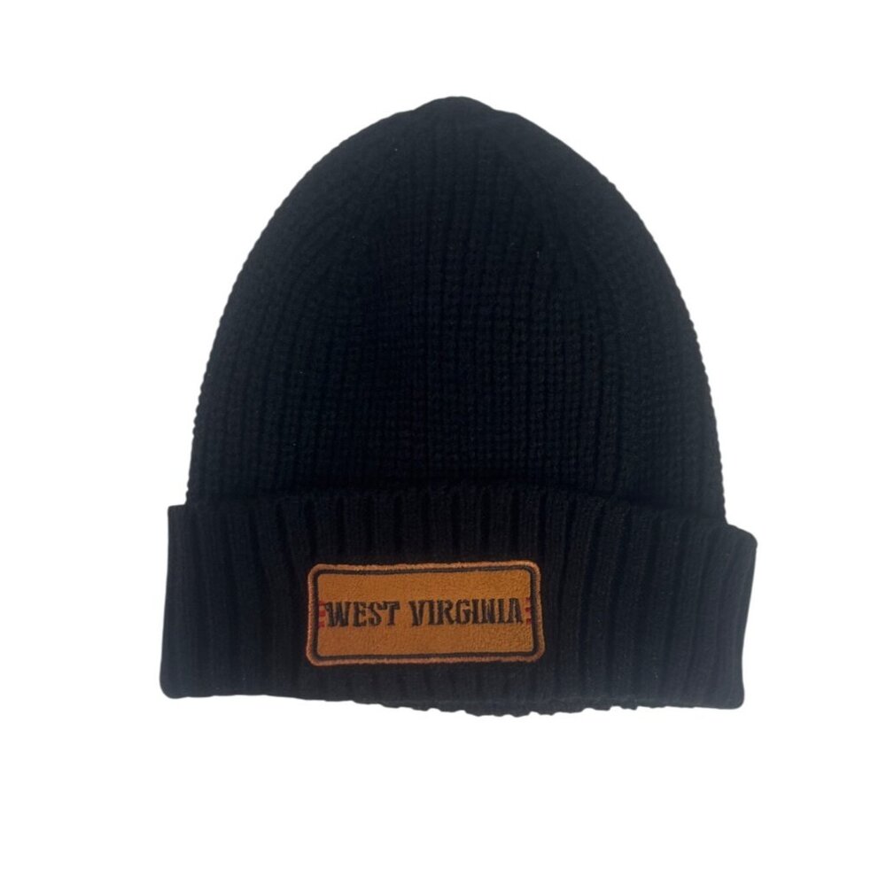 West Virginia Knit Beanie Hat OS Black Ribbed Cuff Patch Design American Crown